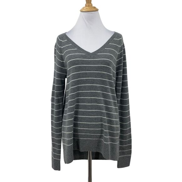 Gap Brooklyn Sweater Womens S Small Grey Merino Wool Striped Ribbed V Neck Knit - Picture 1 of 14